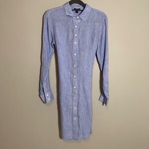 Ann Taylor Linen Shirt Dress Blue Button Front Tie Waist Roll Tab Sleeve